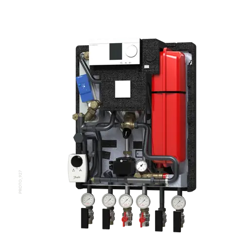 Hausstation mit verschiedenen Ventilen, Druckmanometern und einer Steuerungseinheit von Danfoss. Einheit für die Regelung und Verteilung von Heizwasser.
